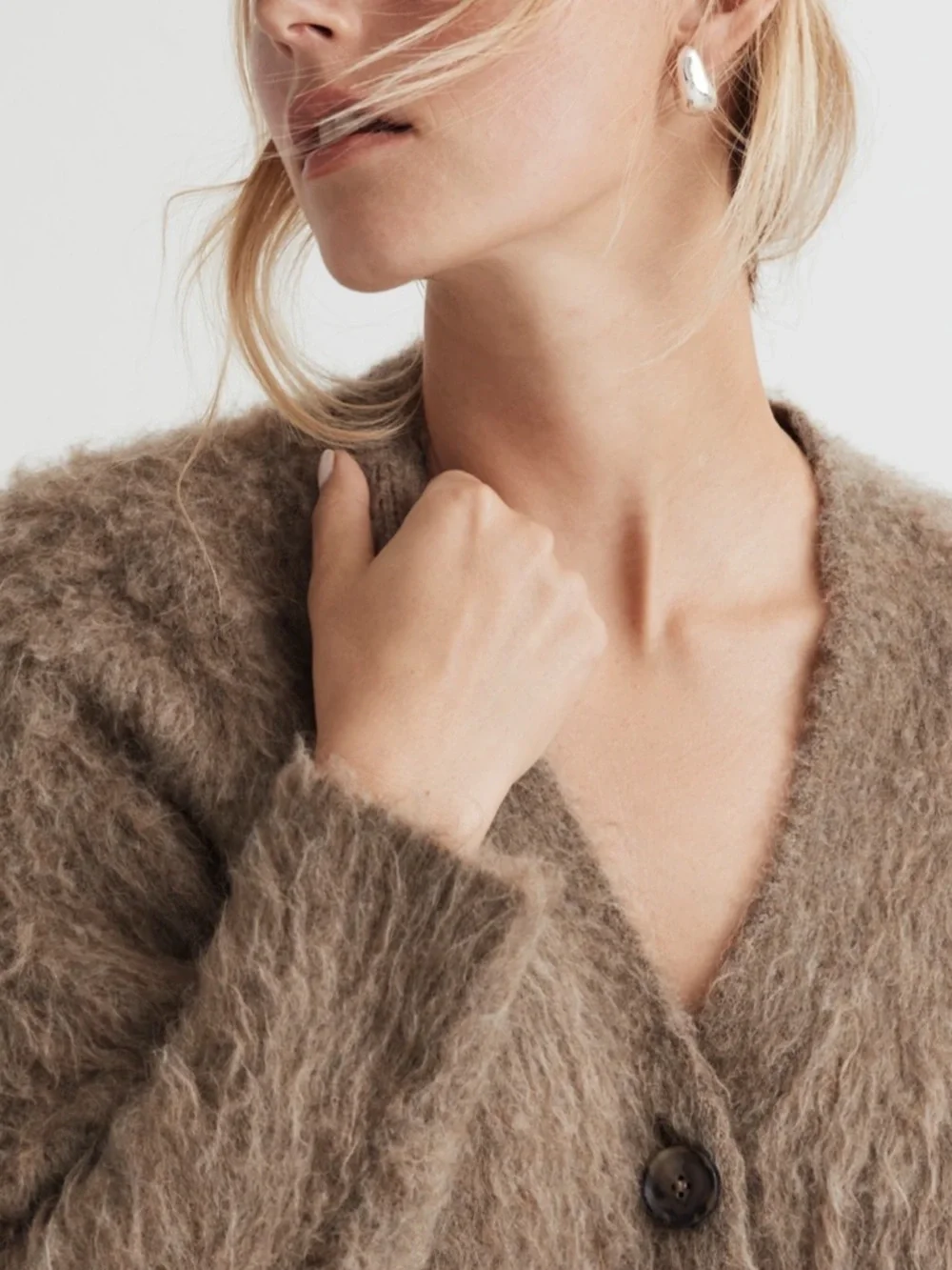 Madewell Brushed V-Neck Cardigan Sweater, Heather Mesquite, Size L